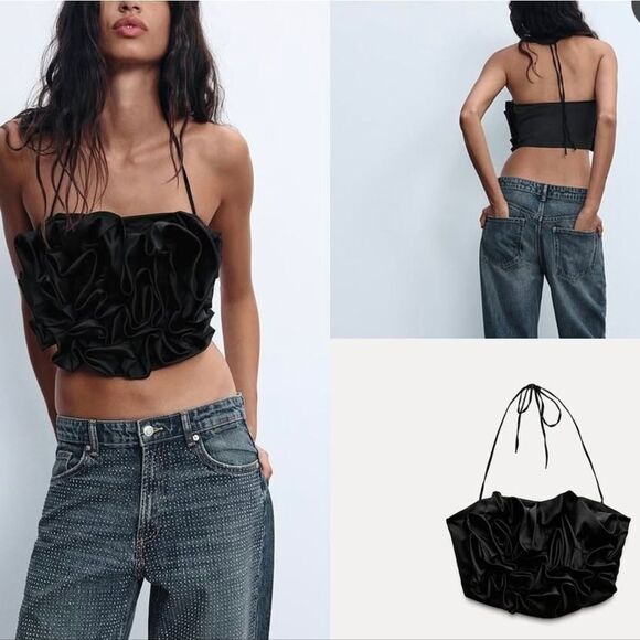 NWT ZARA Textured FloralβSatin Effect Cropped Top Black - Picture 9 of 10